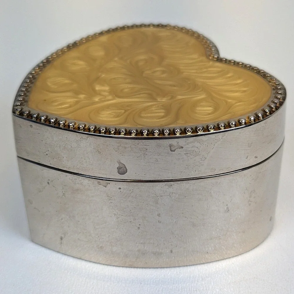 Heart Shaped Enamel Swirl Design Trinket Box Silver Toned with Navy Blue Liner